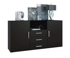Vladon Credenza Skadu, mobile con 2 ante, 3 cassetti e 1 scomparto aperto, nero opaco/nero opaco (139 x 72 x 35 cm)