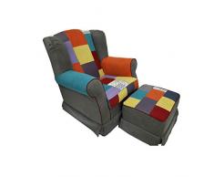 Poltrona da Camera Bergere Imbottita in Tessuto antimacchia sfoderabile (Patchwork Grigio, con Pouf)