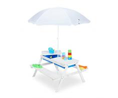 Relaxdays Tavolino da Bambini per Esterno, Tavolo da Picnic per Giardino, Set Due Panche e Ombrellone, Legno, Bianco, 70% 20% Poliestere 10% plastica, 49 x 86 x 92,5 cm