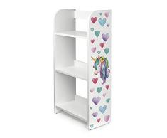 Leomark scaffale per cameretta bambini 50cm x 25cm x 102,5cm (LxPxA), mobile porta giocattoli, libreria armadio pannelli stile scandina, mobili in legnotema, motivo: UNICORNO
