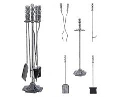 [en.casa] Set di Attrezzi da Caminetto, Kit in Metallo per Camino Composto di Paletta, Scopino, Attizzatoio, Pinza e Supporto - Color Argento