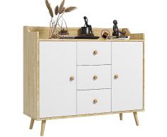 homcom Credenza Moderna in Truciolato e Legno di Pino con 3 Cassetti e 2 Armadietti a 2 Livelli, 90x32x80 cm, Bianco e Color Legno