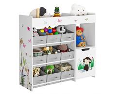 HOCSOK Scaffale Portagiochi Bambini, Organizzatore per Giocattoli, Scaffale per Giocattoli con 9 Contenitori in Stoffa, adatto per Cameretta, Soggiorno, Bianco, 90.5x30x80cm