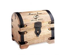 Casa Vivente Scrigno in Legno Chiaro con Incisione Personalizzata con Nomi e Data, Motivo FEDI Nuziali, Forziere Vintage, Idea Regalo Nozze