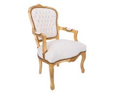 Way Home Store - Poltrona Barocco Luis Stile Francese Luigi XVI colorazione Oro e Ecopelle Color Bianco con Borchie -Poltrona Interamente in Legno - Dimensioni: 60 x 65 x 94 cm