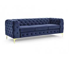 Deco In Paris Divano a 3 posti Chesterfield in velluto blu scuro e gambe in metallo dorato - Kingston