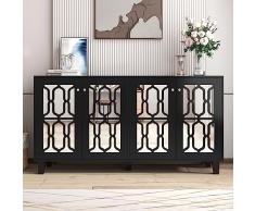 Merax Credenza a specchio nera con manici in cristallo fresco, quattro ante e laminato mobile, per soggiorno e sala da pranzo, 160 x 40 x 84 cm