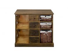 Rebecca Mobili Credenza Mobile Multiuso 4 Cassetti 3 Ceste Legno Paulownia Vimini Marrone Country Cucina Bagno Camera (cod. RE4522)