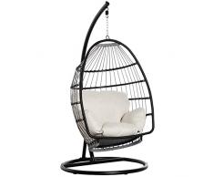 Outsunny Poltrona Sospesa da Giardino in Rattan con Cuscino, Sedia a Dondolo Sospesa a Uovo Pieghevole per Interno ed Esterno, Struttura in Acciaio, Nero