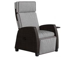 Grand patio Poltrona reclinabile in vimini PE, posizione regolabile in altezza con tavolo ribaltabile e cuscino, poltrona per interni ed esterni (vimini marrone, cuscino grigio)