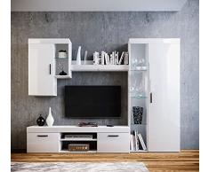 Parete Attrezzata Bianco Lucido Moderna per Soggiorno Mobile per TV con 2 Ante 2 Cassetti Mensole PAI1