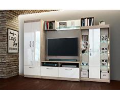 Parete Attrezzata Rovere e Bianco Lucido Moderna per Salotto Mobile TV con 3 Ante 3 Ante a Ribalta Mensole in Vetro con Led PAI2