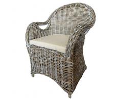 KMH LioLiving - Poltrona in rattan Atene (grigio) con cuscino di seduta in bianco, comoda poltrona in vimini, con robusta struttura in bambù