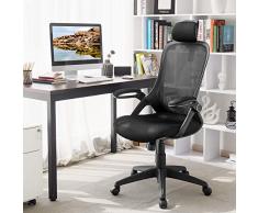 SONGMICS Poltrona Girevole da Ufficio, Sedia Ergonomica in Rete, Traspirante, con Braccioli Pieghevoli e Poggiatesta Regolabile in Altezza, OBN51BK