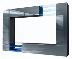 Vladon Set da soggiorno Mirage, parete attrezzata con 2 ante, 2 ante a ribalta e 6 ripiani a giorno in vetro, nero opaco/grigio lucido, illuminazione a LED inclusa (262 x 183 x 39 cm)