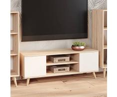 Dmora Mobile porta tv con 2 ante e 1 ripiano centrale, Credenza con piedini, Buffet da soggiorno in stile scandi, cm 155x40h50, colore Bianco e Rovere