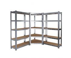 Sistema Di 3 Scaffali Metallo e MDF 2 Scaffali Per Magazzino E 1 Scaffale Angolare Alta Portata 15 Ripiani Totali Regolabili da 2625 kg Design Modulare Scaffalatura Capannone Officina Garage Cantina