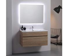 Kiamami Valentina MOBILE BAGNO SOSPESO MODERNO 90CM QUERCIA NATURALE CON SPECCHIO | SOLE