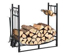 COSTWAY Porta Legna per Interni ed Esterni, Porta Legna per Camino di Metallo con Pala, Attizzatoio, Pinze, Scopa, Porta Legna da Ardere per Camino, Stufe e Braciere, Portata 40 kg (76 x 33 x 76 cm)