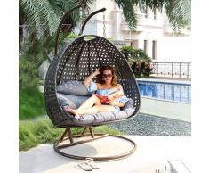 PureHaven - Poltrona sospesa per 2 persone, 145 x 120 x 202 cm, in rattan intrecciato con cuscino, impermeabile, resistente, sospensione a molla, marrone/rame