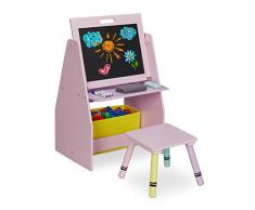 Relaxdays Scaffale per Bambini, con Lavagna, Doppio Scomparto e Sgabello, Postazione per Colorare, HLP 84x52x45 cm, Legno, Rosa, Turchese, Giallo, Viola, Set da 2 pz