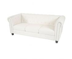 Mendler Divano 3 posti Classico Stile Vittoriano Chesterfield Ecopelle 90x195x74cm Bianco Piedi Rotondi