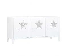 BAKAJI Mobile Mobiletto TV in Metallo Credenza con Base Televisione 3 Ante Doppio Scomparto Interno Decorazione Stella Traforata Dimensione 40 x 120 x 58 cm Design Moderno (Bianco)