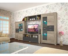 Parete Attrezzata Soggiorno Moderno con Libreria Led 2 Ante 2 Sportelli 4 Vani Giorno Mobile per TV Rovere e Grafite PAI6008