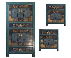 Mobili camera da letto, armadio con 2 comodini vintage shabby-chic orientale coloniale in legno di pino