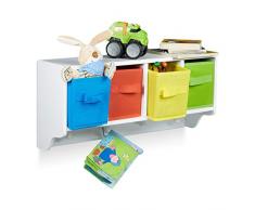 Relaxdays Scaffale da Parete per Bambini, Armadio a Muro con 4 Ganci e 4 Scatole Portaoggetti, 28 x 61 x 16 cm, Bianco, Legno, Set da 1 pz