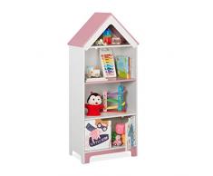 Relaxdays Scaffale Portagiochi, Motivo Super Woman, Cameretta Bambini, con 4 Scomparti e Ante, 93x63x28 cm, Bianco Rosa, 100% Fibra di Legno