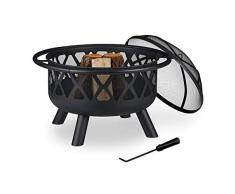 Relaxdays Braciere con Protezione Parascintille, D:75 cm, Giardino & Terrazza con Attizzatoio, Camino da Esterno, Nero