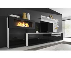 Home Innovation- Mobile Soggiorno- Parete da Soggiorno con biocamino a bioetanolo, finiture bianco mate e nero laccato, dimensioni: 290 x 170 x 45 cm di profondità.