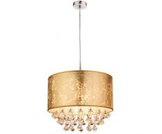 Lampadario a sospensione per camera da letto o soggiorno con paralume in tessuto color oro e cristalli, 40 cm x 140 cm di altezza