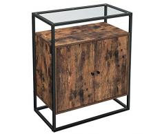 VASAGLE Armadietto, Credenza, Armadio da Cucina con Piano in Vetro Temperato, Soggiorno, Corridoio, Ufficio, Struttura in Acciaio Stabile, Design Industriale, Marrone Vintage e Nero LSC013B01