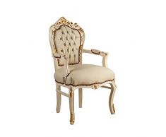 ITALUX MORE LIGHT Poltrona Barocco - Stile Luigi XIV° - Sedia in Mogano Laccato Avorio e Eco Pelle Beige