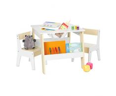 Relaxdays Tavolino con 2 Sedie per la Cameretta dei Bambini, Scomparto per Libri, Arredamento per Bimbi, Bianco Beige, 51 x 55 x 69 cm