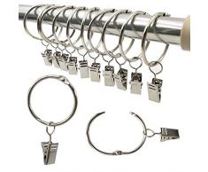 Anelli Tende,Clip per Tende,40 Pezzi Gancetti Facile Aprire e Chiudere,35mm Diametro Interno,Anello per Argento Tenda con Clip Set Antiruggine Metallo