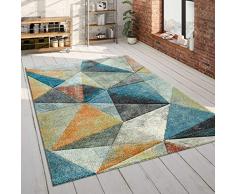 Paco Home Tappeto per Il Soggiorno in Blu e Arancione, colorato, con Motivo di Triangoli e Look 3D, Robusto, a Pelo Corto, Dimensione:200x290 cm