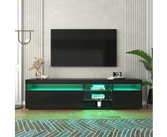 Azkoeesy Mobile TV basso lucido con illuminazione a LED, 180 cm, mobile TV, 3 ante e ripiano in vetro (nero)