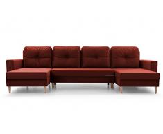 Ampio divano angolare XXL a U panoramico convertibile in letto con contenitore, 6/7 posti, in tessuto, per soggiorno e salone, 300 x 137 x 84 cm, Carl U, rosso bordeaux