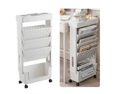 Senbog Carrelli Portariviste a 5 Livelli con Ruote, Organizer per Scaffali Mobili, Scaffale per Libri in Piedi Carrello Multiuso per Ufficio, Cucina, Camera da Letto, Bagno,Bianca