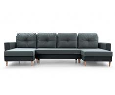 Ampio divano angolare XXL a U panoramico convertibile in letto con contenitore, 6/7 posti, in tessuto, per soggiorno e salone, 300 x 137 x 84 cm, Carl U, grigio e grigio scuro