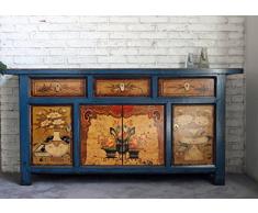 OPIUM OUTLET Grande Credenza Cassettiera Comò Cinese. Mobile Asiatico Vintage Shabby-Chic Orientale coloniale in Legno di Pino