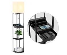 SUNMORY Lampada da Terra a Mensola con 3 Temperature di Colore, 2 Porte di Ricarica USB e 1 Cassetto, Lampade da Terra in Legno Massello per Camera Da Letto e Soggiorno, Nero(Lampadina Inclusa)