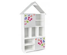 Libreria scaffale con 10 scomparti, 80 x 32 x 161cm, libreria moderna bianca e grigia a forma di casetta, libreria capiente per cameretta, cameretta e asilo - Fantasia Farfalle