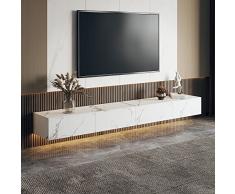 POVISON Mobile TV moderno 220cm bianco, console TV a parete in pietra con cassetti, anta a battente
