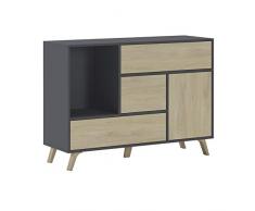 Skraut Home - Madia per Soggiorno o Sala da Pranzo - 86 x 120 x 40 cm - Buffet con 1 Anta + 3 Cassetti - Modello Wind - Legno Resistente - Finitura Grigio/Rovere