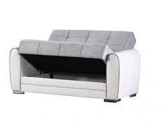 DMORA Pablito, Divano Letto Contenitore ad Angolo in Ecopelle e Tessuto, Sofà da Soggiorno con Apertura Click-clack e penisola Reversibile, Cm 163x84h91, Bianco e Grigio