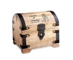 Casa Vivente Scrigno in Legno Chiaro con Incisione Personalizzata con Nomi e Data, Motivo Sposi, Forziere Vintage, Idea Regalo Nozze